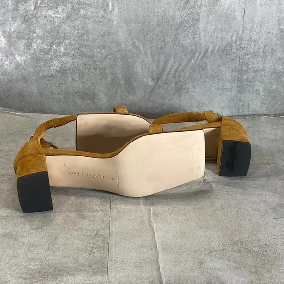 Good American Women's Amber Tan Square-Toe Ankle-Strap Block-Heel Sandals SZ 6 - Picture 8 of 11